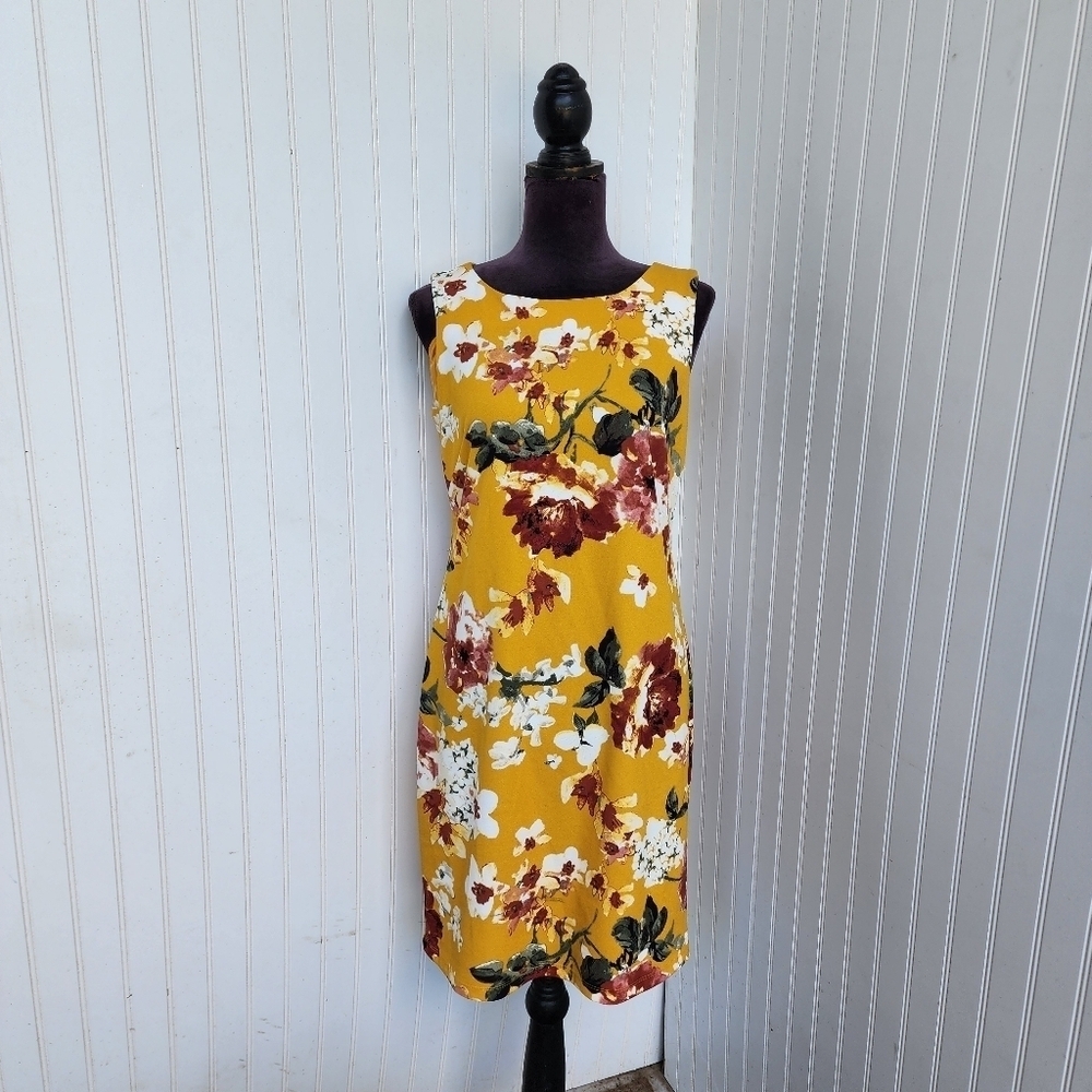 Apt 9 Dress Womens 6 Floral Sleeveless Shift Yellow Stretch Coastal Zip Back